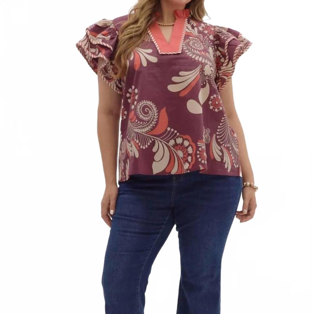 NEW ENTRO plum floral top -plus in maroon